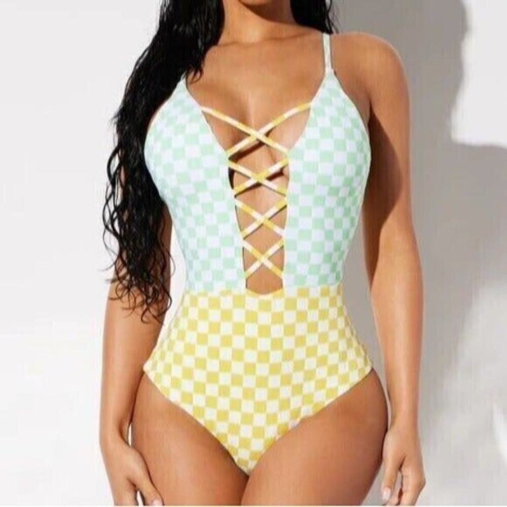 Dippin‎ daisys Neon Green Criss Cross Front 1 Piece Swimsuit Size Small RefN05